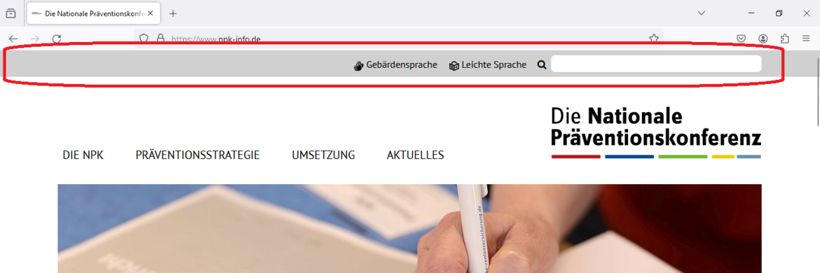 Das Bild zeigt einen Ausschnitt von der NPK-Internet-Seite. Die Kopf-Zeile ist mit einem roten Rahmen markiert. Bild Kopfzeile markiert