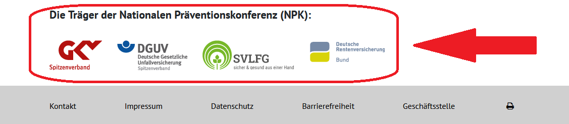 Das Bild zeigt einen Ausschnitt von der NPK-Internet-Seite. Die Träger-Zeile ist mit einem roten Rahmen und einem Pfeil markiert. Bild Träger-Zeile