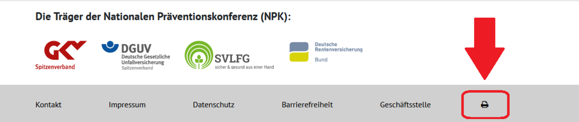 Das Bild zeigt einen Ausschnitt von der NPK-Internet-Seite. Das Drucker-Symbol ist mit einem roten Rahmen und einem Pfeil markiert. Bild Startseite Fußzeile Drucker markiert