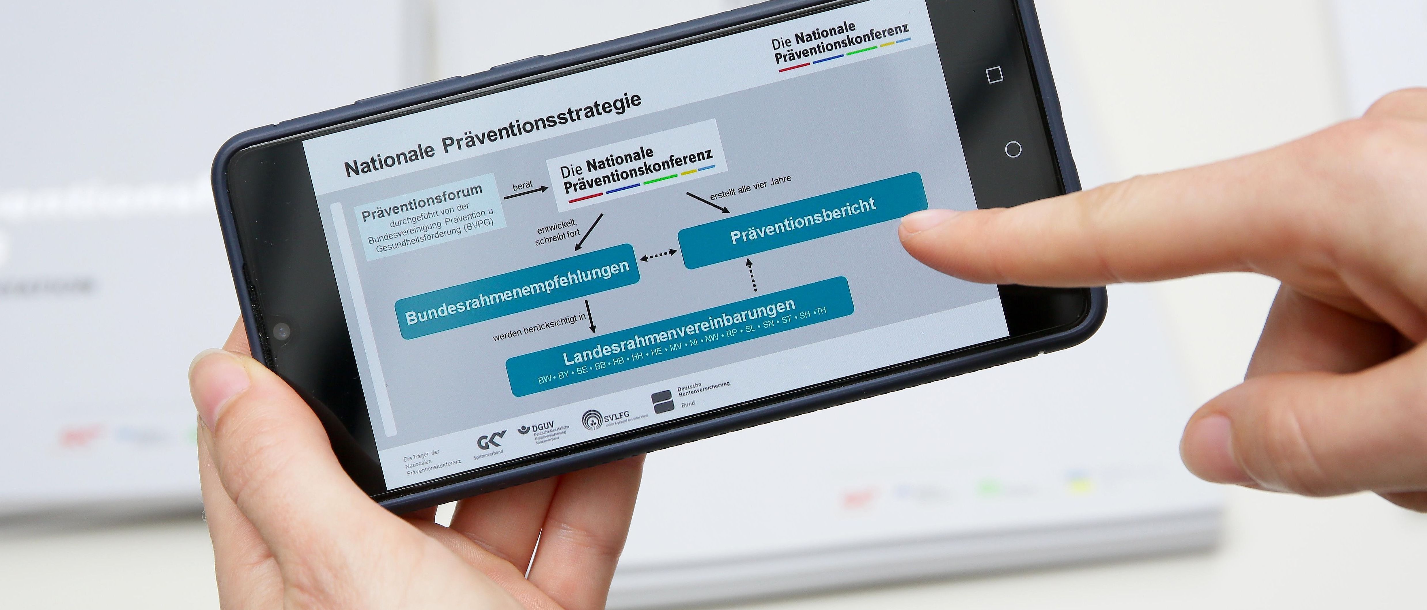 Zeigen mit dem Finger auf Grafik Präventionsstrategie im Display eines Smartphones