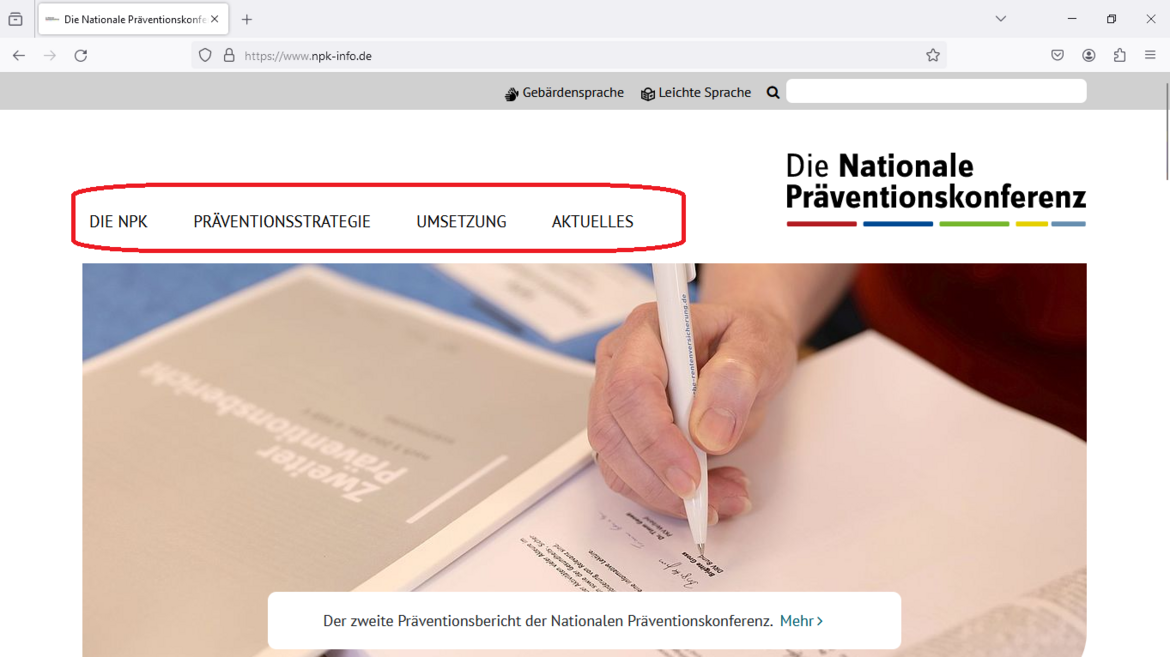 Das Bild zeigt einen Ausschnitt von der NPK-Internet-Seite. Das Haupt-Menü ist mit einem roten Rahmen markiert. Bild Hauptmenü markiert