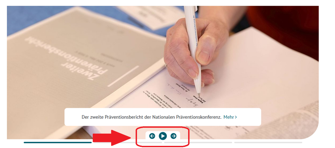 Das Bild zeigt die Themen-Galerie auf der NPK-Start-Seite. Die Navigation ist mit einem roten Rahmen und einem Pfeil markiert. Bild Startseite Themen-Galerie Navigation