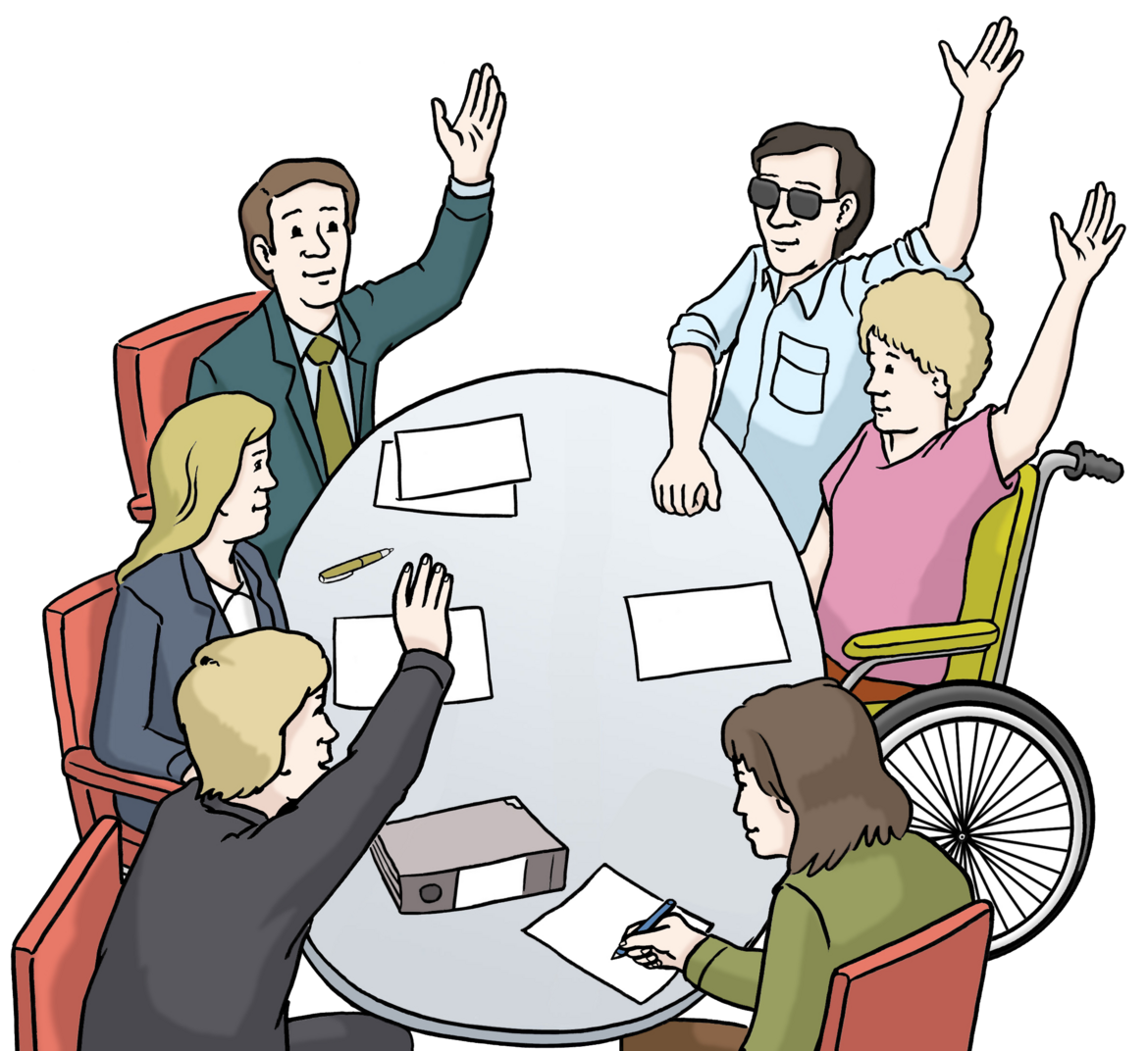 Das Bild ist eine Zeichnung. Und das Bild zeigt eine Abstimmung. Eine Gruppe von Menschen sitzt um einen Tisch herum. Mehrere Menschen aus der Gruppe heben einen Arm in die Luft. Bild Mitbestimmung