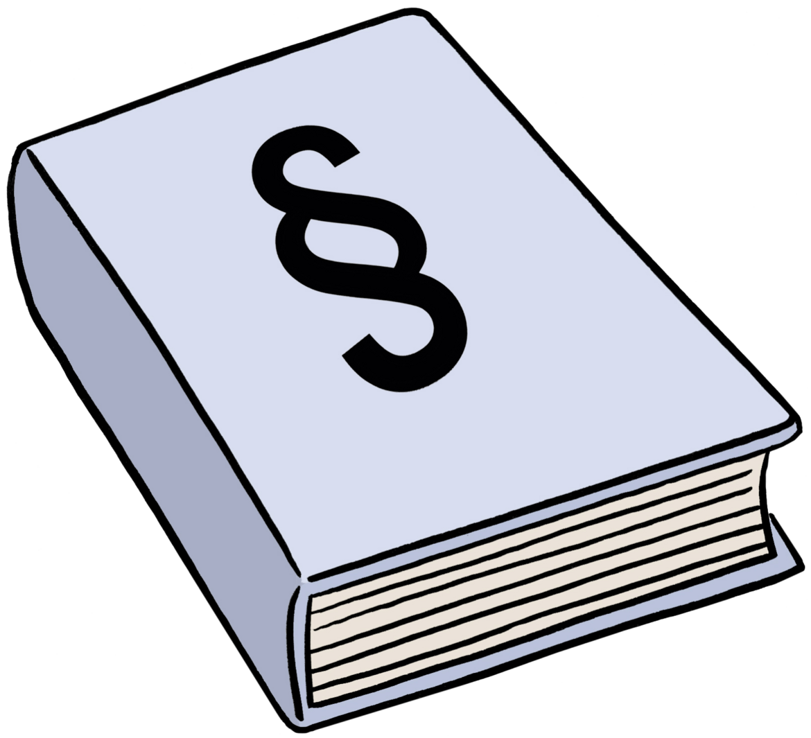 Das Bild zeigt eine Zeichnung von einem Buch. Auf dem Buch ist ein Paragraphen-Zeichen. Bild Gesetzbuch