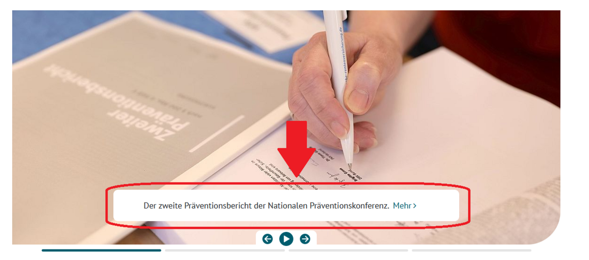 Das Bild zeigt die Themen-Galerie auf der NPK-Start-Seite. Das Text-Feld mit dem Thema ist mit einem roten Rahmen und einem Pfeil markiert. Bild Startseite Themen-Galerie Thema